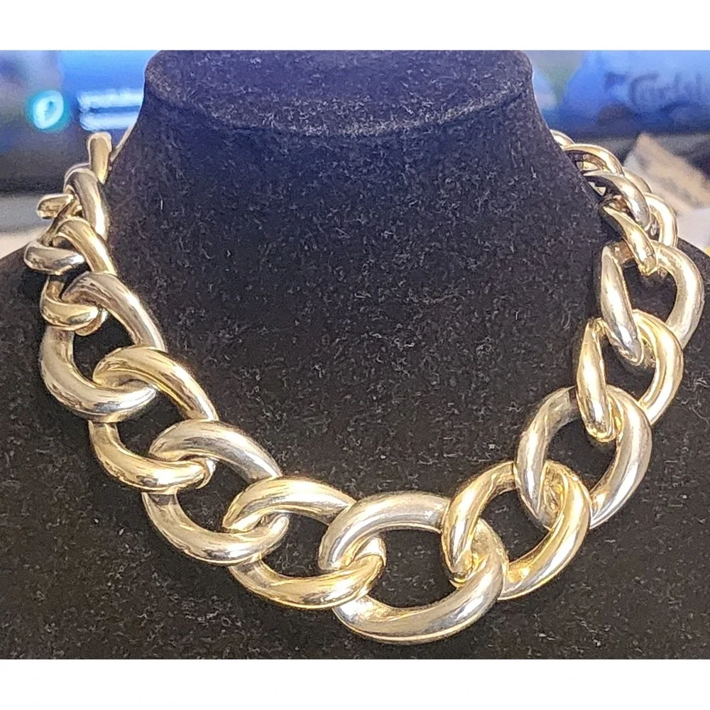 VTG Chunky Two Tone Gold Silver Oversized Curb Link Statement Necklace 5.89oz